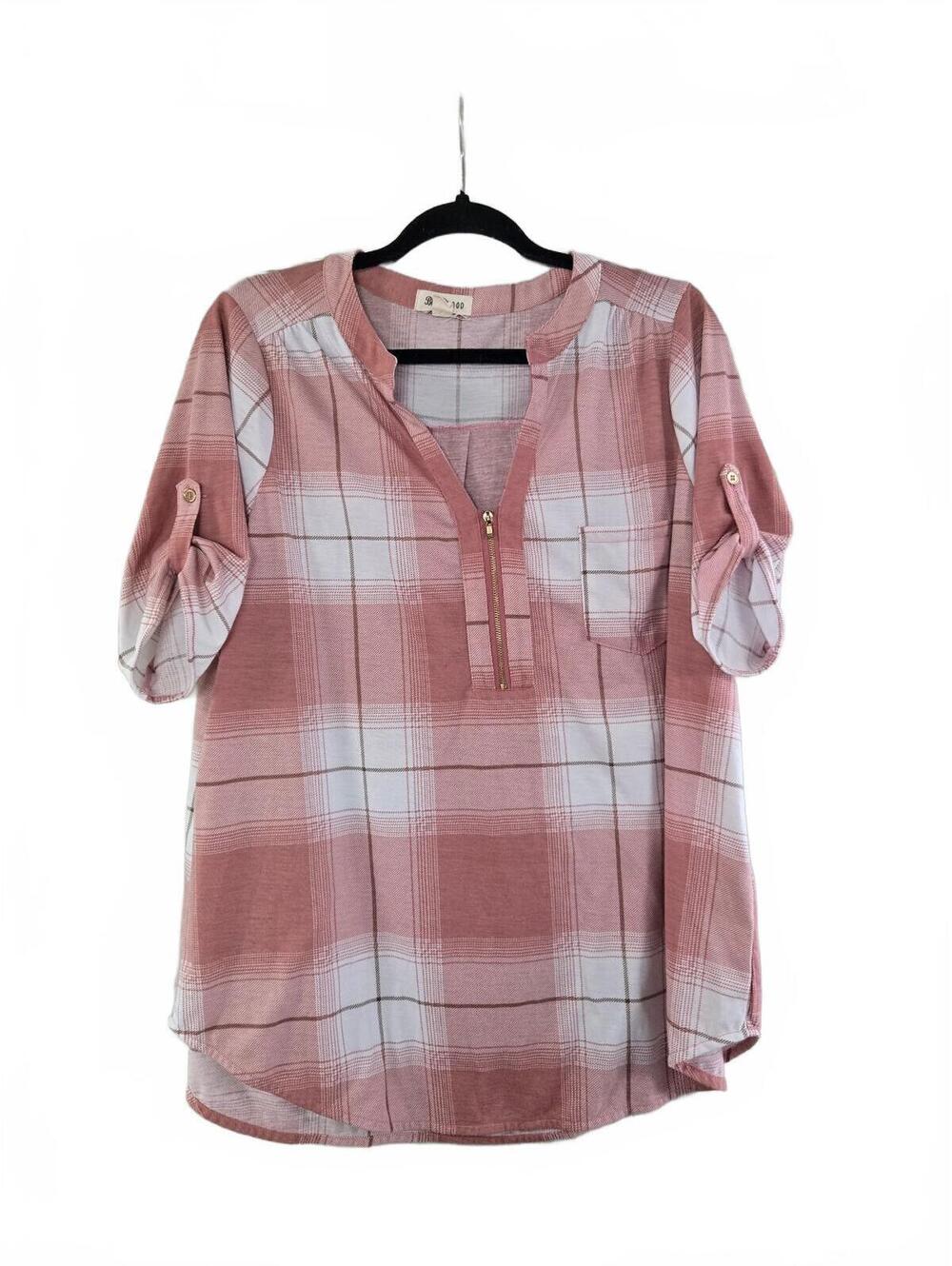 Bobeau Pink and White Plaid 3/4 Sleeve Blouse with Front Zipper